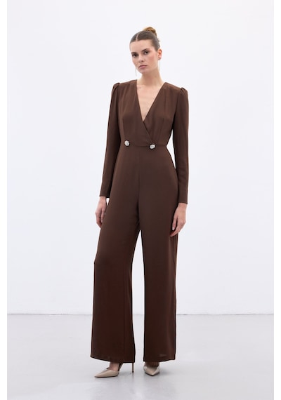 Sateen Kruvaze Süs Taşlı Krep Tulum - Kahve-136567 Kahve