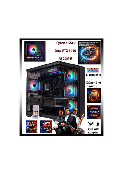 Comloji CMLJ80 R5-5500 16 GB 512 GB SSD RTX3050 Free Dos Masaüstü Oyuncu Bilgisayarı