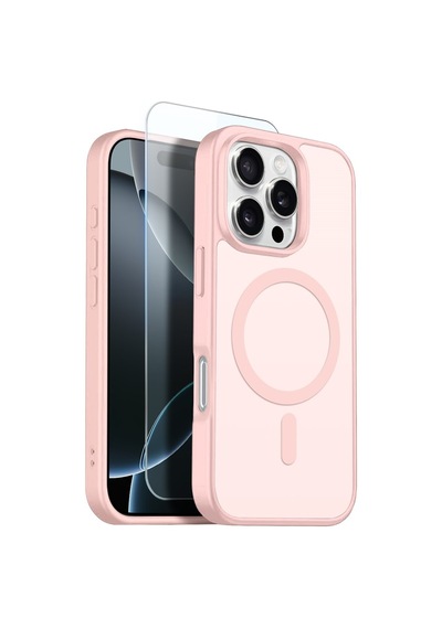 Teleplus Apple Uyumlu iPhone 16 Pro Max Kılıf Babet Translucent Mat Msafe Şarj Özellikli Kapak + Ekran Koruyucu Pembe
