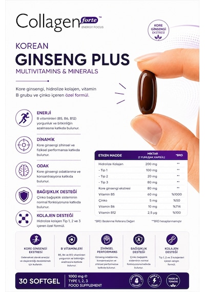 Collagen Forte Platinum Ginseng Plus Multivitamin & Mineraller Collagen Tip 1-2-3 30 Kapsül