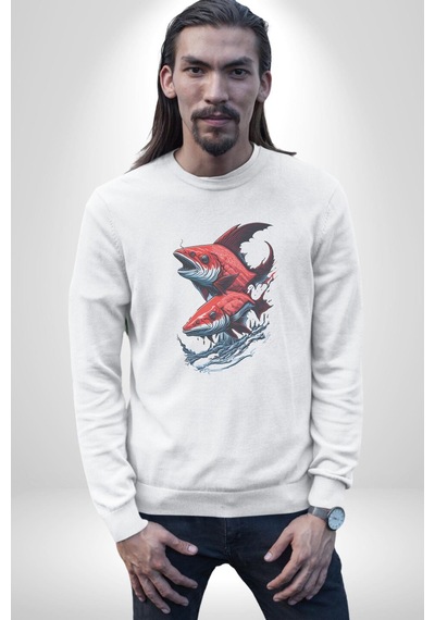 Kırmızı Japon Balığı Unisex Beyaz Baskılı Sweatshirt Beyaz