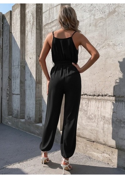 Efnaz Style Kadın Ip Askılı Kruvaze Yakalı Belden Kuşaklı Uzun Sandy Tulum Siyah
