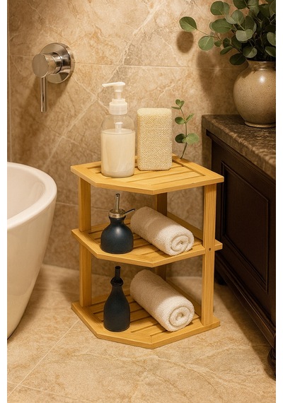 Makri Home Bambu 3 Katlı Mutfak & Banyo, Mutfak Düzenleyici Organizer, 23 Cm 25 Cm 25 Cm Ahşap