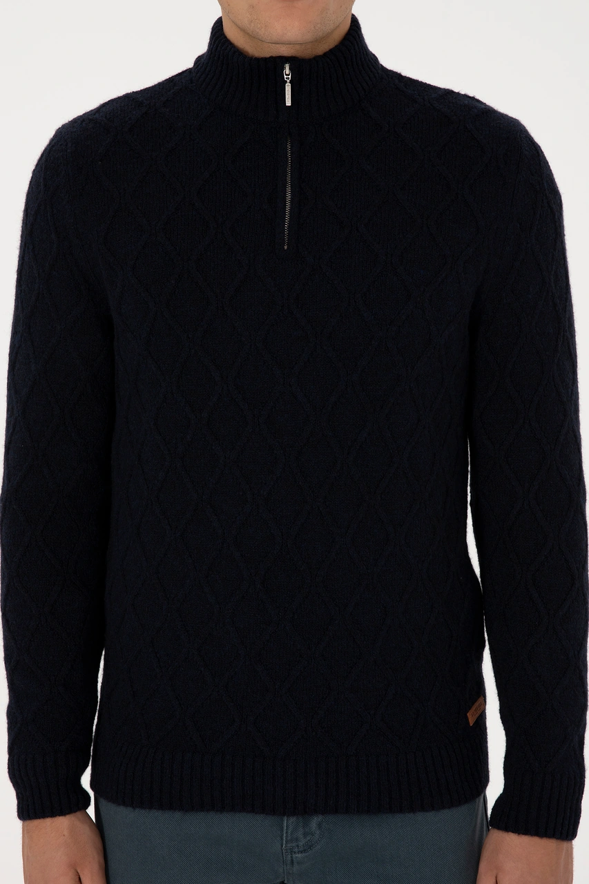 U.S. Polo Assn. Erkek Regular Fit Yarım Fermuarlı Desenli Lacivert Kazak 50315035-VR033