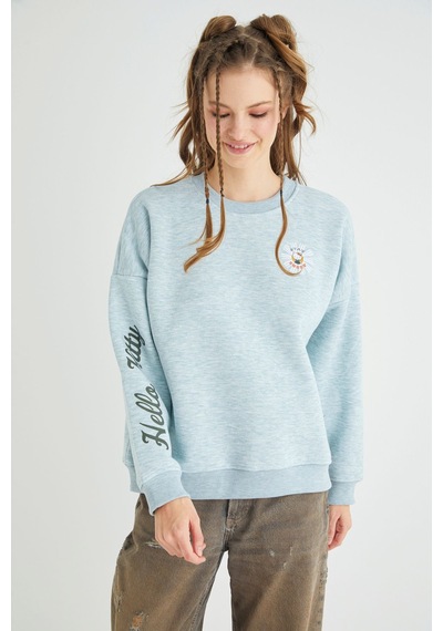 Hello Kitty Lisanslı Baskılı Fit Yeşil Sweatshirt Renkli