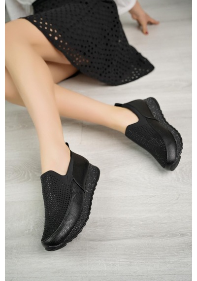 Nesil Shoes Wiss 530 Siyah Strech Taşlı Kadın Ayakkabı-siyah Siyah