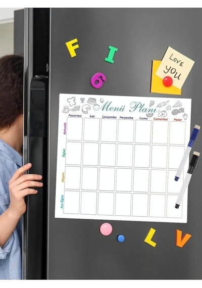 Dünya Magnet 2 Adet Haftalık Menü Planlayıcı Magnet Mıknatıslı Yazı Tahtası Pano Ve 6 Adet Kalem Genel