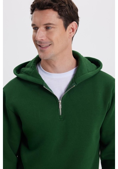 Tudors Unisex Relax Fit Rahat Kesim Pamuklu İçi Polarlı Yarım Fermuarlı Yeşil Kapüşonlu Sweatshirt-37026