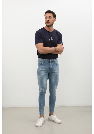 Erkek Skinny Ripped Jean Açık Mavi Koyu Mavi