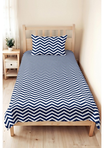 Mavi Zigzag Geometrik Genç Odası Tek Kişilik Pike Takımı - Lacivert 160x220 Cm Kapitone Yatak Örtüsü Gölge Yün Hissi