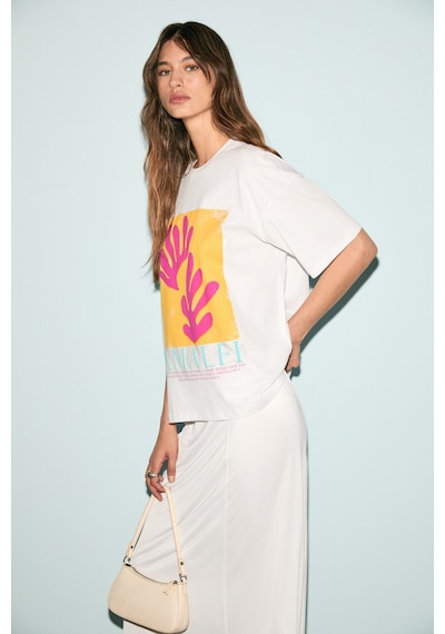 Grımelange VEYMIRA Kadın %100 Pamuk Bisiklet Yaka Kısa Kollu Oversize Fit Beyaz / Desenli T-Shirt