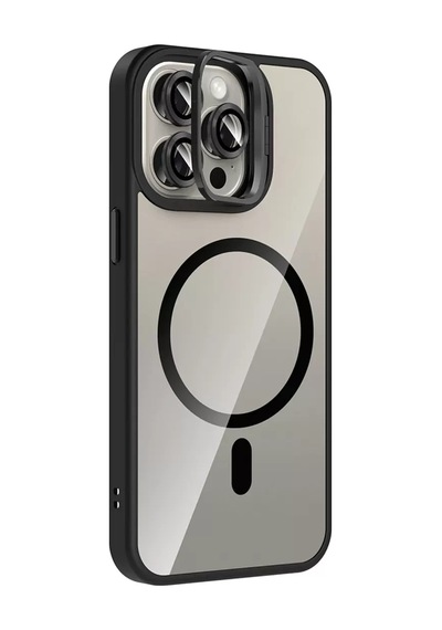 Apple iPhone Uyumlu 15 Pro Max Remim Lensli Magsafe Standlı Kapak - Siyah Bz8683140888039