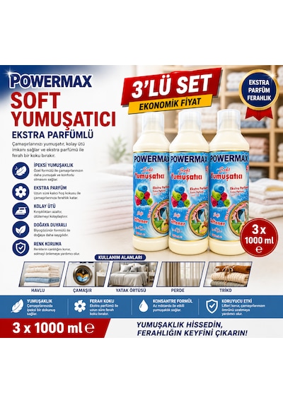 Powermax Soft Yumuşatıcı 1000 Ml X3 Set Çamaşır Yumuşatıcı Uzun Süre Kalıcı Ferahlık 3'lü Set