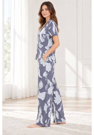 Lılac Kadın %100 Viskon Gri Desenli Gömlek Yaka Pijama Takımı Gri - Beyaz Gri - Beyaz Lılac Kadın %100 Viskon Gri Desenli Gömlek Yaka Pijama Takımı Gri - Beyaz Gri - Beyaz
