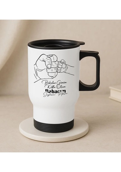 Bk Gift Kişiye Özel Babalar Günü Tasarımlı Kulplu Beyaz Çelik Bardak Termos Mug 450ml-5, Babalar Günü Hediye, Babaya Hediye