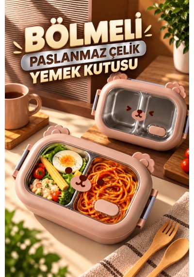 Bölmeli Çocuk Yemek Kutusu 304 Paslanmaz Çelik Sızdırmaz Kapaklı Sevimli Hayvan Tasarımlı Beslenme Kabı Çok Renkli