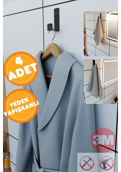 Siyah 4'lü Yapışkanlı Askılık Kapı Arkası Bornoz Askısı Banyo Mutfak Havlu Askısı Mt75sd Metal Siyah Diğer