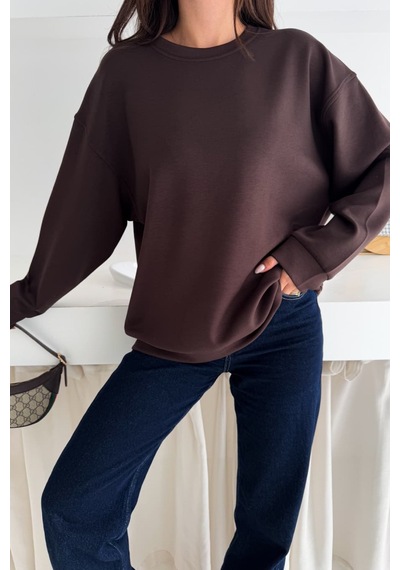 Femelle Kahverengi Modal Kumaş Basic Sweatshirt