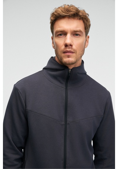 Grimelange AVENER Erkek Kapüşonlu Baskılı Fermuarlı Antrasit Sweatshirt