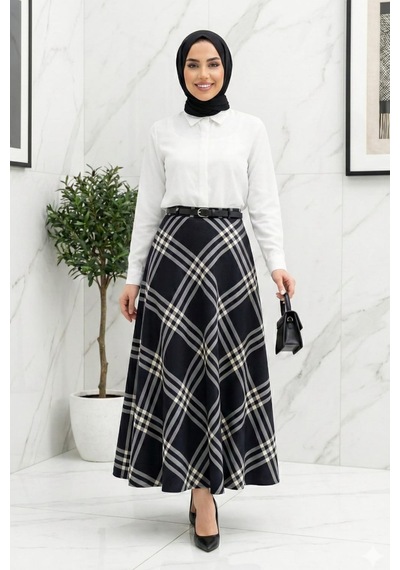 Hb Harma Time Butik Kadın Lacivert Desenli Kemerli Etek Lacivert Lacivert