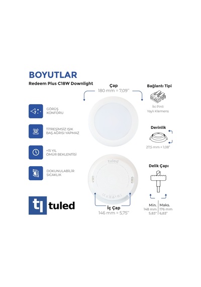 Redeem Plus C18W Downlight, Titreşimsiz, Göz Konforu, 1811 Lümen, Tatlı Beyaz, 3500 Kelvin Beyaz