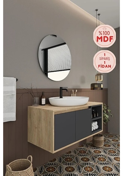 Gül 100 Cm %100 Mdf Lavabolu Banyo Dolabı Ayna Alt Dolap Lavabo Antrasit
