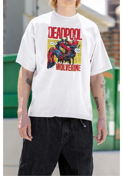 Marvel Wolverine X Deadpool Baskılı Unisex Tişört, Oversize Film Beyaz