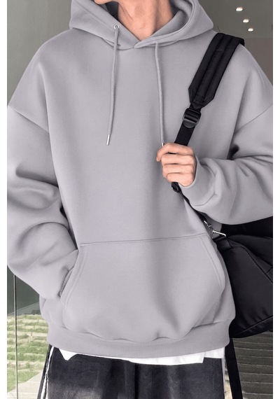 Genius Store Erkek Sweatshirt Kanguru Cepli İçi Polarlı 3 İplik Kapüşonlu Oversize Sweatshirt Kanguru-sweatshırt Açık Gri