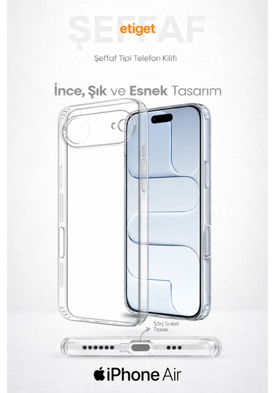 Apple Uyumlu iPhone Air Şeffaf Silikon Kılıf Şarj Yeri Tıpalı, Kenarları Kaymaz Şeffaf