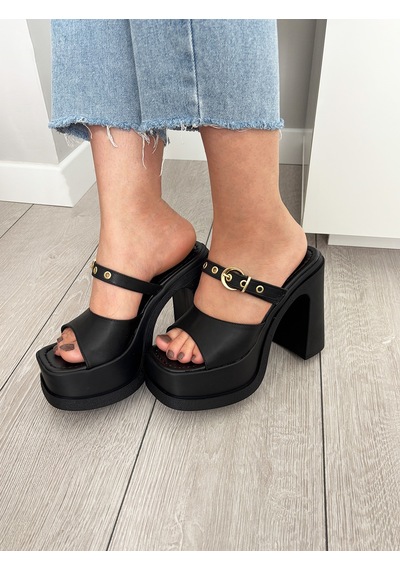 Asmi Shoes Kadın Soha Siyah Toka Detaylı 12 Cm Ortopedik Platform Topuklu Terlik Siyah Siyah