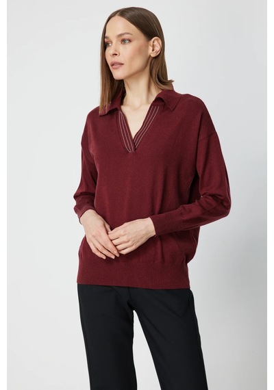 On Kadın Polo Yaka Zincir Detaylı Triko Kazak 66336 Bordo Bordo