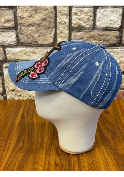 Hamze Jean Kot Denim İndigo Kumaş Taşlı Gül Desenli Beyzbol Cap Şapka Açık İndigo