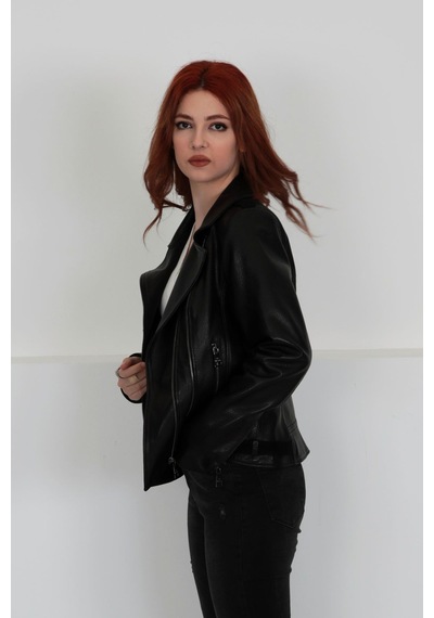 M M Marki Marki Hakiki Deri Ceket, Çift Fermuarlı, Kadın, Siyah, Baharlık, 65 Cm