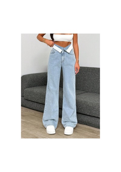 Kene Jeans Yüksek Bel Kemer Yakalı Bol Paça Jeans Mavi