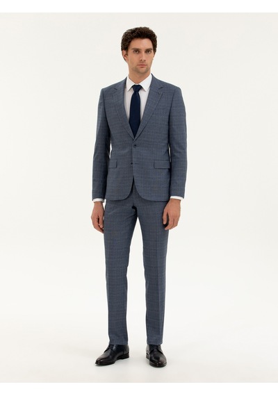 Cacharel Mavi Slim Fit Kareli Takım Elbise