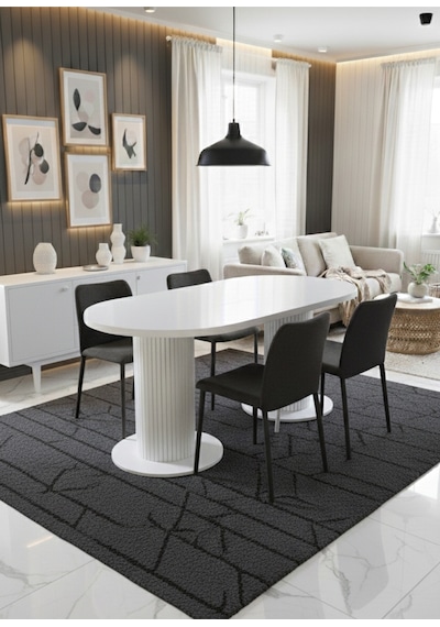 Oslo 180x90x74cm 36mm Kalın Kenarlı Oval Beyaz Sütunlu Yemek Masası Sandalye Yok Sadece Masadır Beyaz