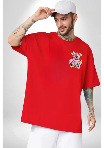 Daha Fazla Dayanamıyorum Teddy Kırmızı Oversize Unisex Ön Ve Sırt Baskılı Tişört Kırmızı