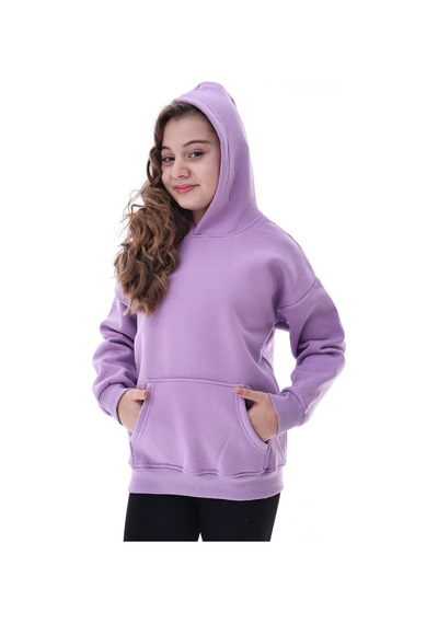 Unisex Çocuk Kapüşonlu Sweatshirt 5-14 Yaş Oversize Günlük Spor Lila Mor