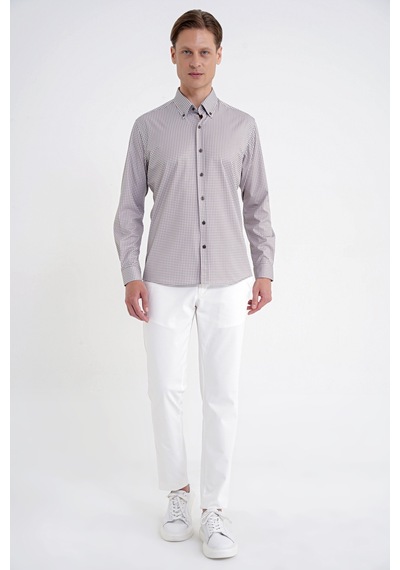 Slim Fit Pötikare Baskılı Pamuklu Yaka Düğmeli Vizon Gömlek G 1604