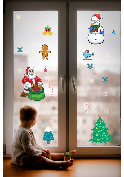 Yılbaşı Noel Baba ve Kardan Adam Temalı Cam Duvar Sticker