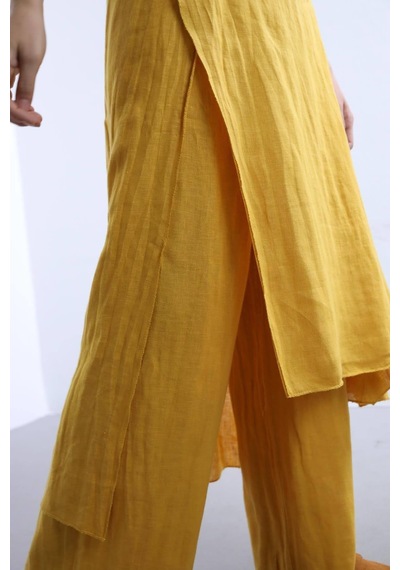 Bohem Stil İtalyan Ham Keten Pantolon Etek-8747 Hardal