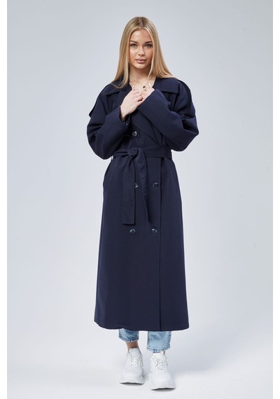 Kadın Oversize Astarlı Uzun Trençkot Lacivert