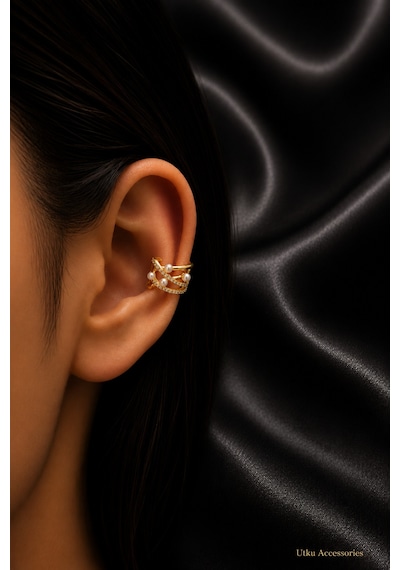 Gold Sıralı İncili Talı Kıkırdak Çelik Küpe Earcuff Altın