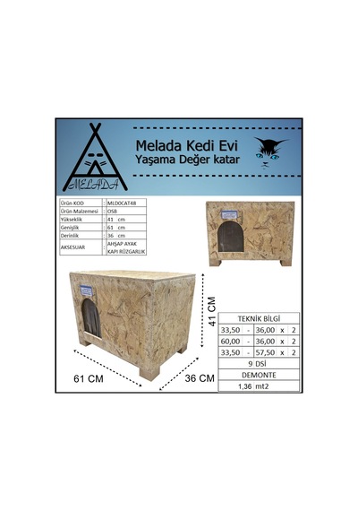 Melada Kedi Evi Dış Ortam Uygun Ahşap Kedi Evi Osb 61x41x36 Cm