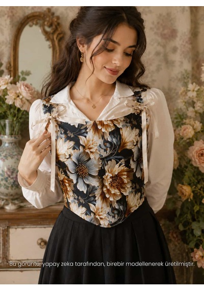 L'aura Corset Gece Bahçesi Desenli Bayan Korse Büstiyer Siyah