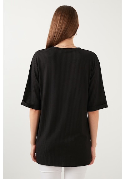 Lela Oversize Bisiklet Yaka Yırtmaç Detaylı Bayan Bluz 5863683 Siyah