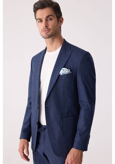 Erkek Mavi Slim Fit Çizgili Torba Cep Jogger Pantolonlu Sivri Yak