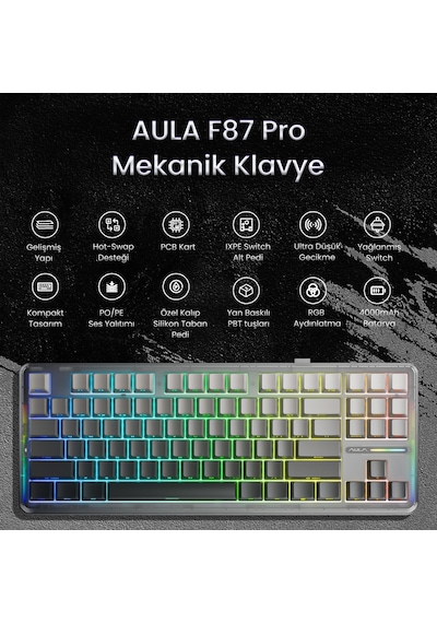 Aula F87 Pro Mekanik Rgb Tkl Graywood V4 Switch Kablosuz Makrolu Hot Swap Klavye Gradyan Gri
