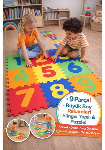 9 Parça Rakamlı Oyun Matı 33x33 Cm Sünger Puzzle Yer Karosu Çocuk Eğitim Seti