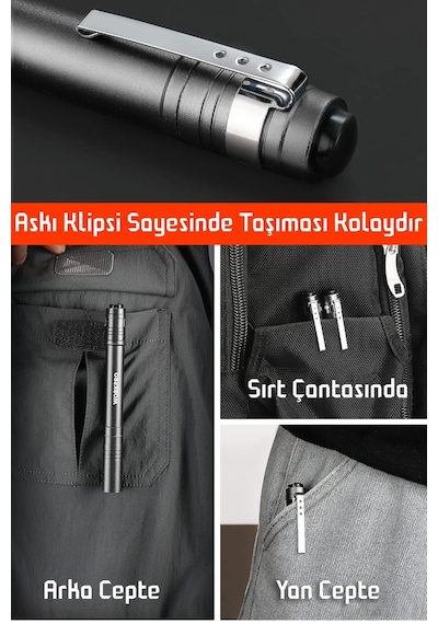 3 Mod Şarjlı Led Kalem Tipi El Feneri Zoomlu Flaşörlü Polis Feneri 5 Watt Beyaz Işık 300 Lümen Siyah